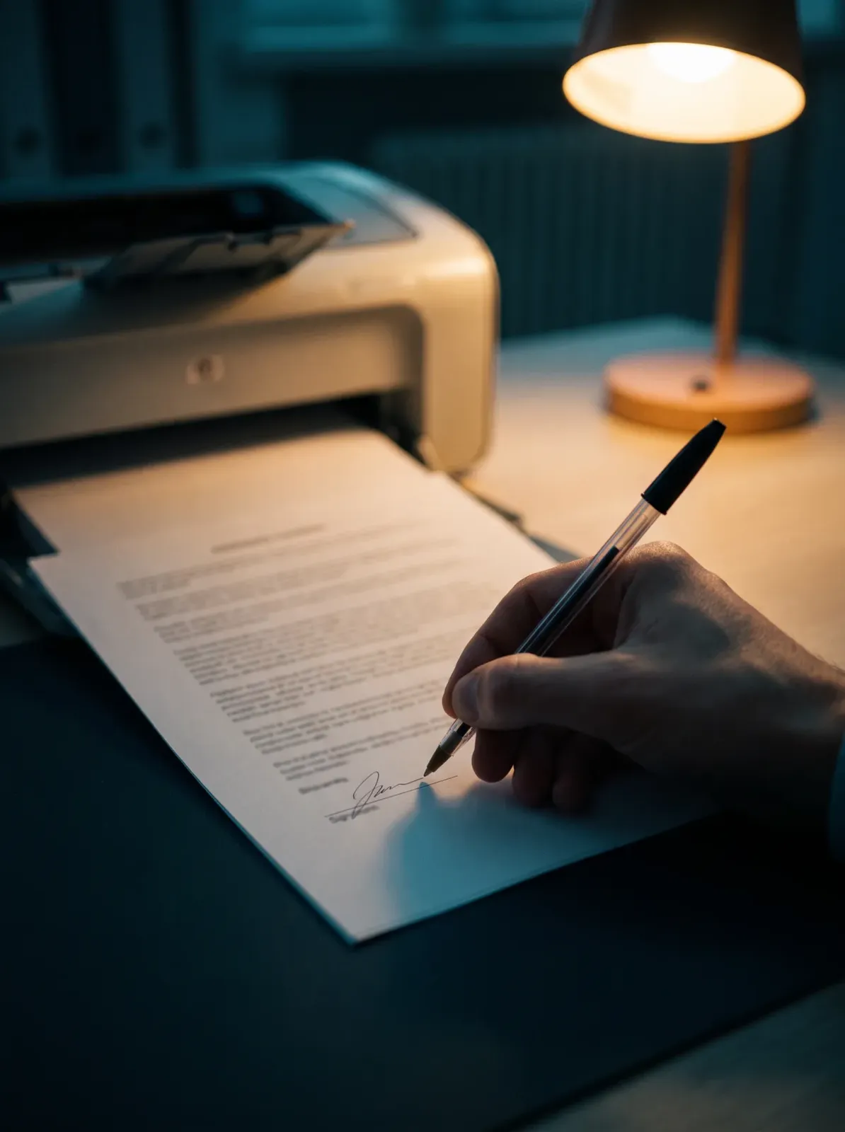 Papeles apilados y una mano que firma